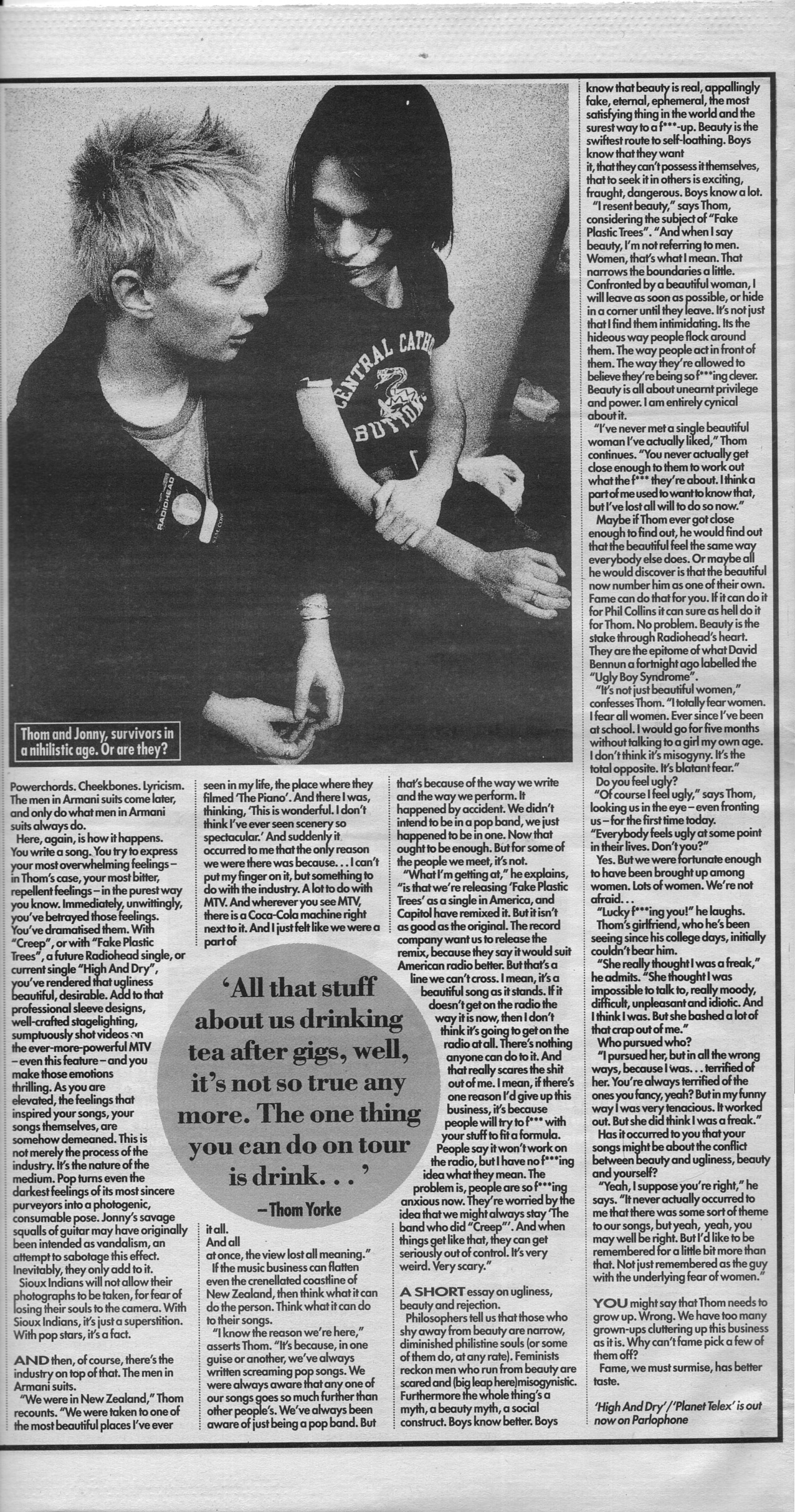 Newspaper clipping of Radiohead from 1995